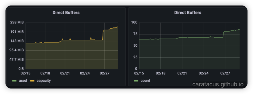 Pod 内存使用量监控，显示 Direct Buffers 持续增长